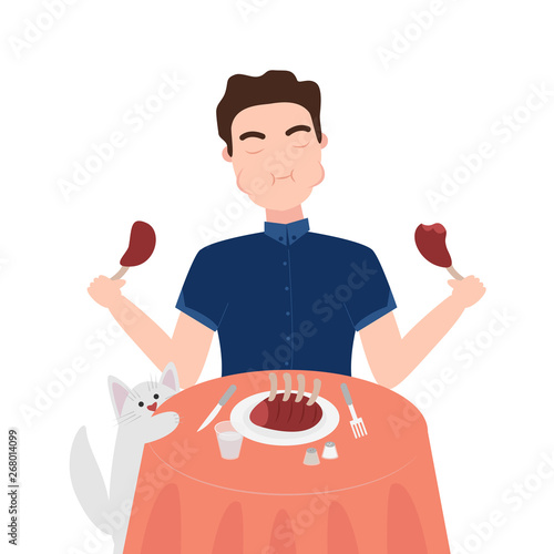 Vector Illustration of Man is Enjoing to Eat Meat. Healthy Nutrition Concept of Carnivore Diet. Great for Poster, Banner, Wallpaper. Concept of Meat Lover is Following in Carnivore Diet 