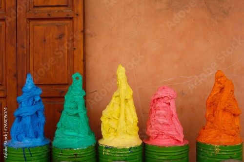 Multicolored mixture or paste on sale in the souks of Marrakesh's medina in Morocco.