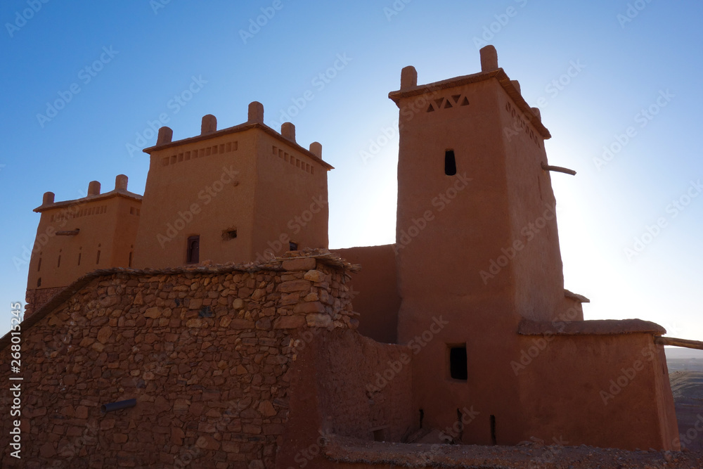 Sunrise at the clay kasbah of Ait Ben Haddou, a 'fortified city' or ksar, between the caravan route Sahara and Marrakesh, Morocco