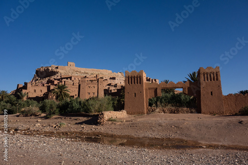 Amazing view on the front gate of Kasbah Ait Ben Haddou near Ouarzazate in the Atlas Mountains of Morocco. © rutkowskii