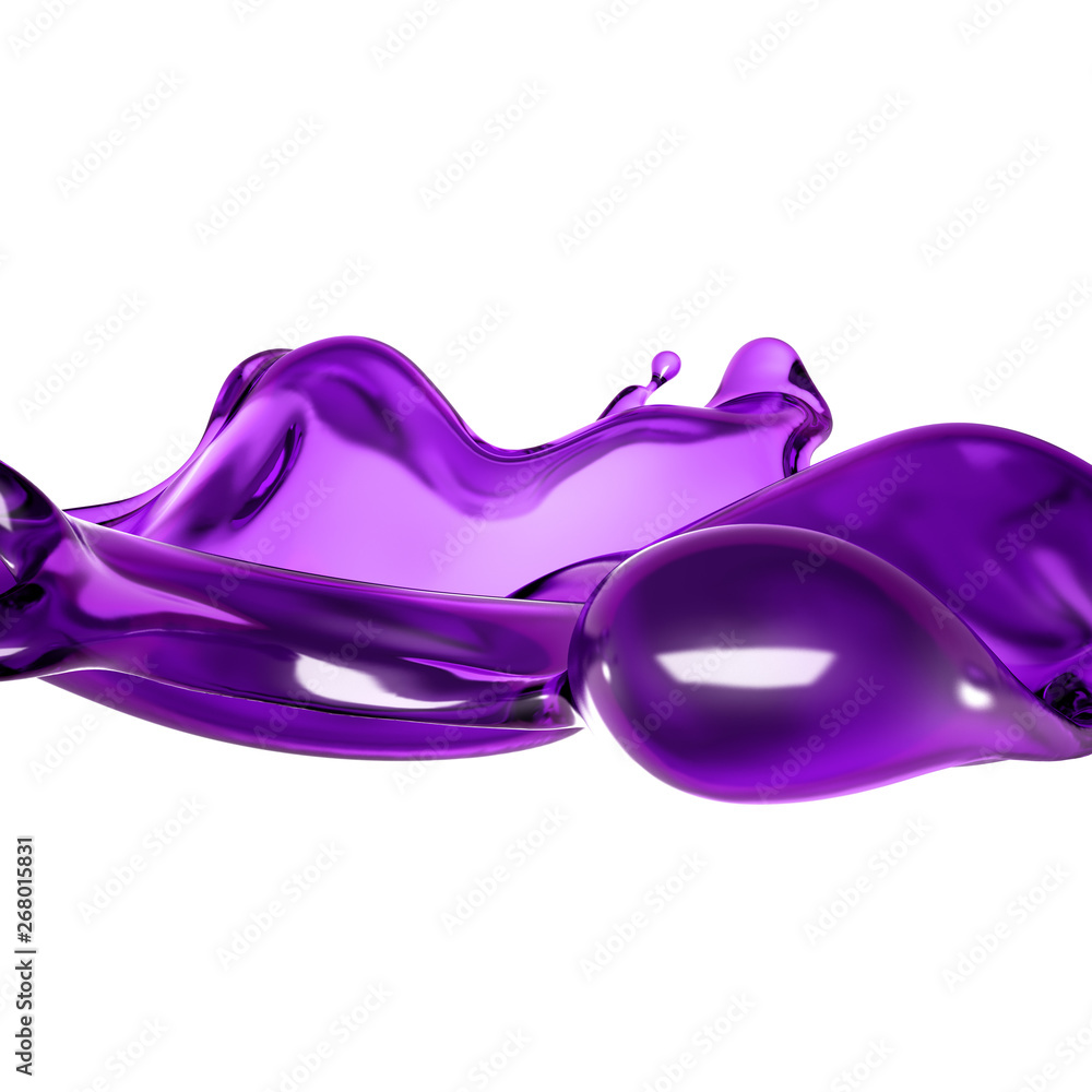 A splash of transparent liquid of a purple color on a white background. 3d illustration, 3d rendering. A splash of transparent liquid of a purple color on a white background. 3d illustration, 3d rendering.