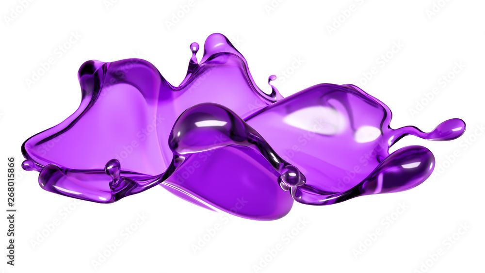 A splash of transparent liquid of a purple color on a white background. 3d illustration, 3d rendering. A splash of transparent liquid of a purple color on a white background. 3d illustration, 3d rendering.