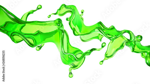 Splash of transparent liquid of a green color on a white background. 3d illustration  3d rendering.