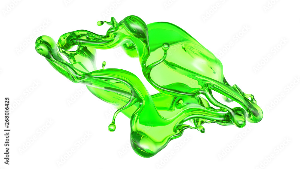 Splash of transparent liquid of a green color on a white background. 3d illustration, 3d rendering.
