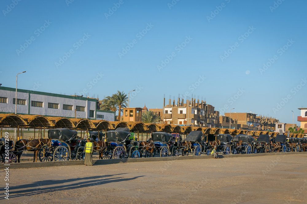 Carriages for the transport of tourists to the temple of Edfu. Egypt April 2019