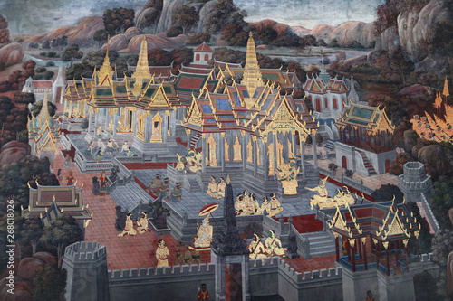 Bangkok, Thailand - May 15, 2019: The Ramakian (Ramayana) mural paintings along the galleries of the Temple of the Emerald Buddha, grand palace or wat phra kaew Bangkok Thailand photo