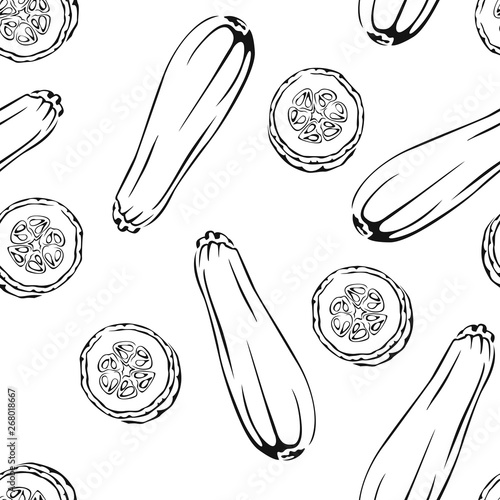 Zucchini seamless black and white pattern. Vector monochrome illustration of  outline vegetable in simple style.