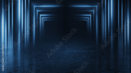 Empty background scene. Dark street reflection on the wet pavement. Rays neon light in the dark, neon figures, smoke. Night view of the street, the city. Abstract dark background.