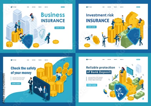 Set of landing pages in isometric concept of protecting money and securities from theft