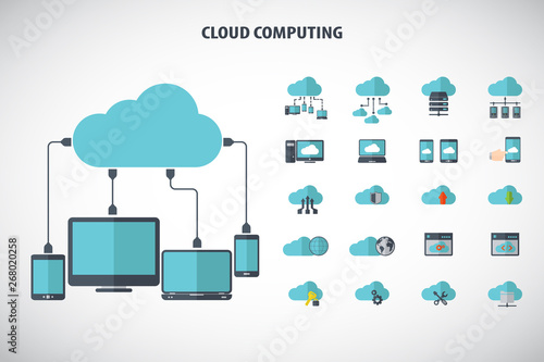 Cloud computing - Devices connected to the "cloud".AiS10 vector. All elements (background,devices, text ) are in separate layers. Fully editable