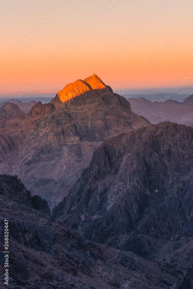 Sunset over sacred Mount Moses Sinai desert, Egypt
