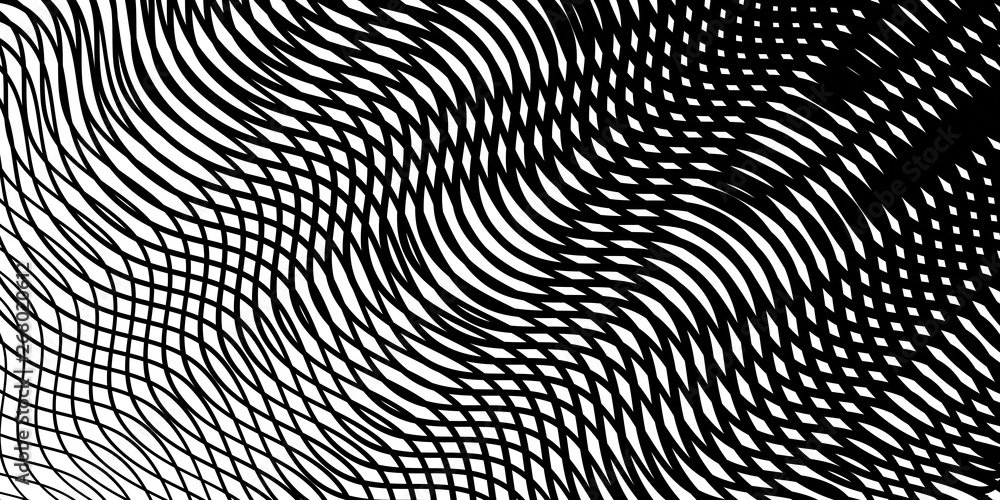Contrast Moire effect vector background. Monochrome plastic Optical Illusion. Black Lines Blending. Can be used as design of cover books, websites, accessories for phones and tablet, mobile