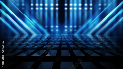 Empty background scene. Dark street reflection on the wet pavement. Rays  neon light in the dark  neon figures  smoke. Night view of the street  the city. Abstract dark background.
