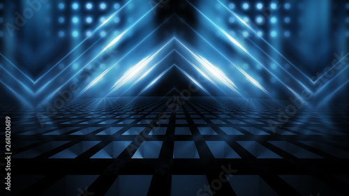 Empty background scene. Dark street reflection on the wet pavement. Rays  neon light in the dark  neon figures  smoke. Night view of the street  the city. Abstract dark background.