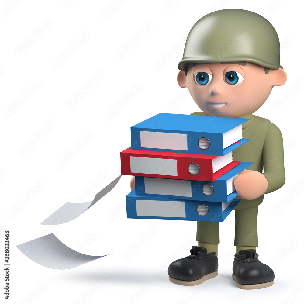 3d army soldier character carrying folders and dropping some documents 3d army soldier character carrying folders and dropping some documents