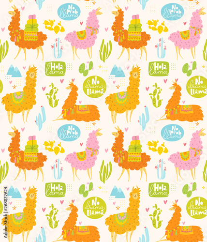 Vector summer seamless pattern with lamas and cactus. 