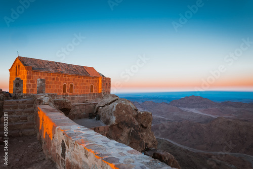 Chirch on top of Mount Moses at Sinai desert Egypt at dawn