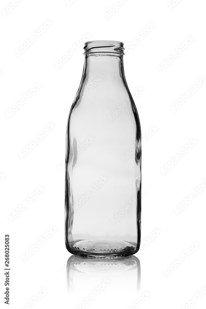 Empty open bottle from glass for milk and juice. Isolated on a white background with reflection Empty open bottle from glass for milk and juice. Isolated on a white background with reflection