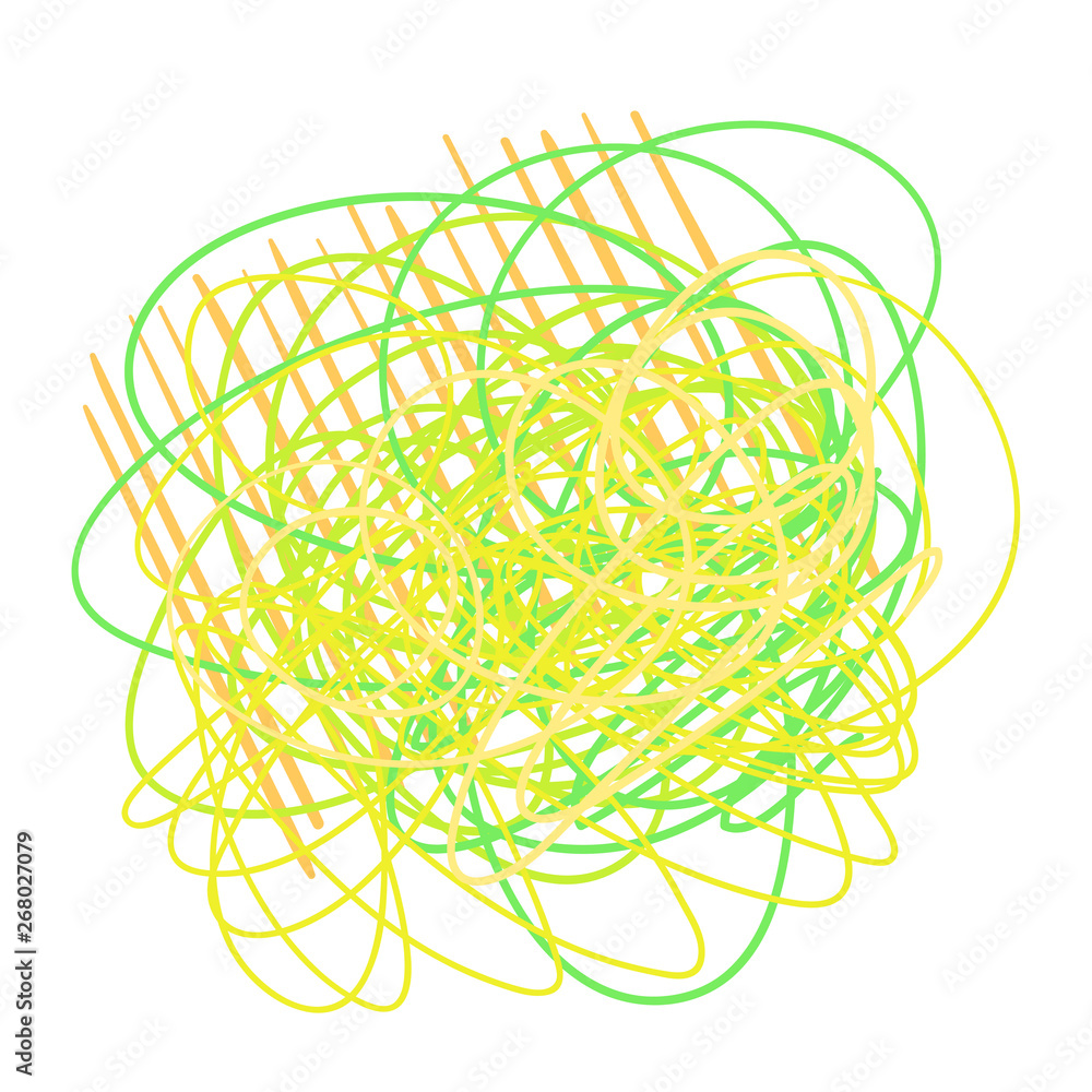 Colorful tangled shape on white. Chaos pattern. Scribble sketch. Bright background with array of lines. Art creation. Print for polygraphy, posters and t-shirts Colorful tangled shape on white. Chaos pattern. Scribble sketch. Bright background with array of lines. Art creation. Print for polygraphy, posters and t-shirts