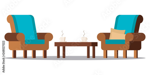 Vector flat design cartoon style illustration. Clip art image: cozy living room furniture - two armchairs with cushions, coffee table, two cups with hot tea or coffee isolated on white background.