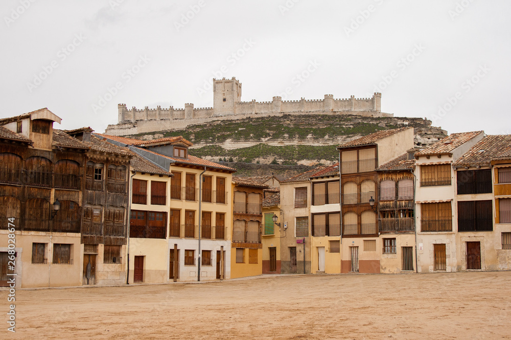 Square of Coso, Peñafiel, Castilla y Leon, Spain and Castle of Peñafiel