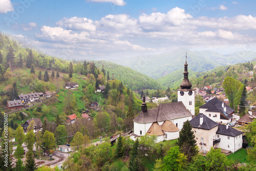 Spania Dolina. Small mining village in Slovakia in the Tatra Mountains. Spring.Beautiful and romantic place for recreation and tourism. Rain and sun together. Postcard.