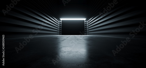 Dark Cinematic Futuristic Modern Garage Showroom Tunnel Corridor Concrete Metal Grunge Reflective Glossy Empty Space White Glow Showcase Stage Underground Hallway Entrance 3D Rendering