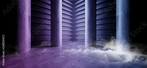 Smoke Smoke Neon Fluorescent Purple Blue Futuristic Column Garage Showroom Tunnel Corridor Concrete Metal Grunge Reflective Empty Space White Glow Showcase Stage Underground Entrance 3D Rendering