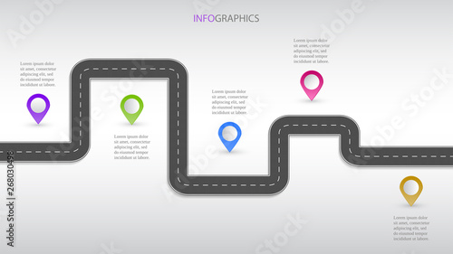 Itinerary business planning infographic with strategy navigation or important stages signs, illustration with step marks. Asphalt road visualization for workflow guidance. Achievements and milestones.