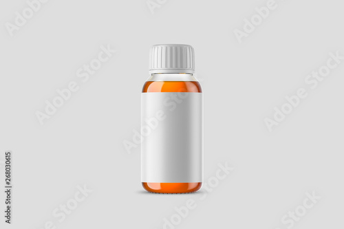 Medcine glass Bottle with blank label Mock up on soft grey background. 3D rendering. Mock up template ready for your design