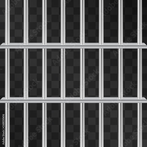 Metallic grid, prison symbol. Steel bar rows on door way preventing inmates from escape. Fight for freedom, human rights symbol. Inevitable justice for criminal perpetrators. Incarceration cell, jail.