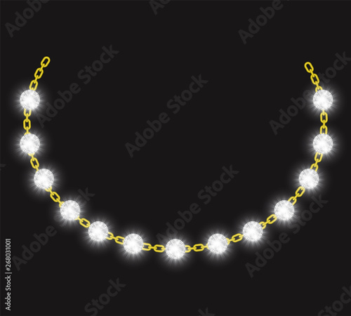Golden diamond necklace vector illustration. Fashion, luxurious jewelry for posters, ads, banners. Royal gift elegant decor, glowing halo piece. Realistic drawing, upper class style, expensive segment