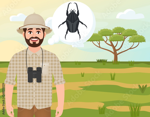 Happy man in cork hat, animal hunter thinks about Goliath beetle, landscape safari, acacia umbrella, African countryside, vector illustration