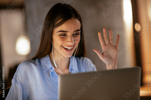 Принти на полотні Businesswoman in having a video call on laptop.