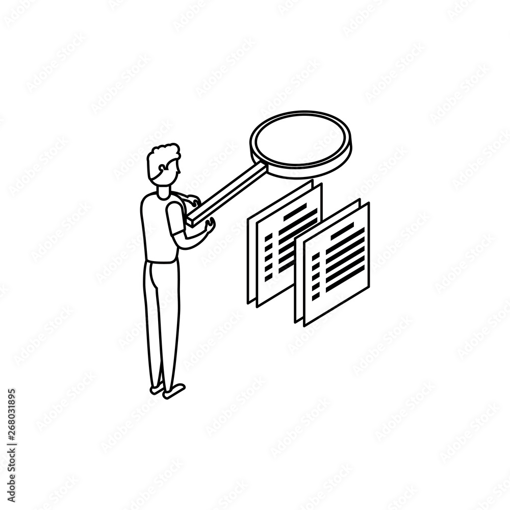 businessman worker with magnifying glass and documents businessman worker with magnifying glass and documents