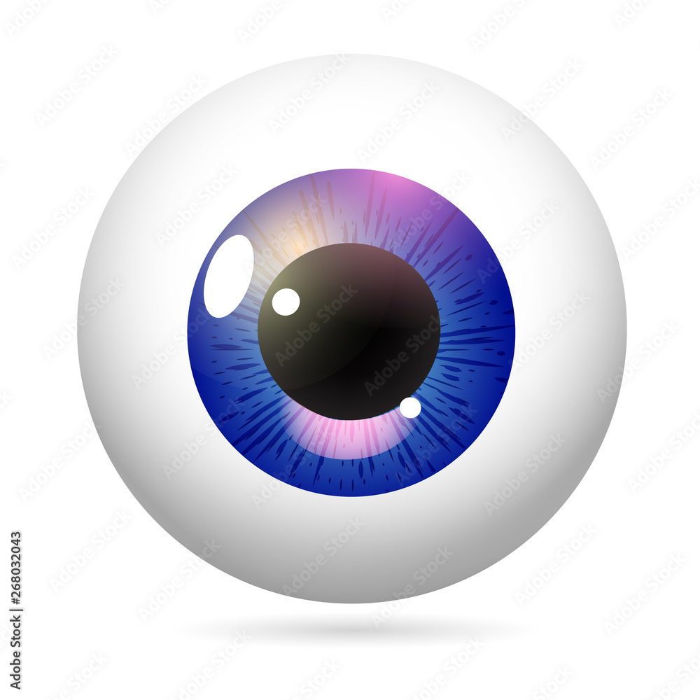 Human eye front view close-up, cornea, retina, pupil. Purple iris. Eyeball icon design isolated on white background. Realistic Vector Illustration Human eye front view close-up, cornea, retina, pupil. Purple iris. Eyeball icon design isolated on white background. Realistic Vector Illustration