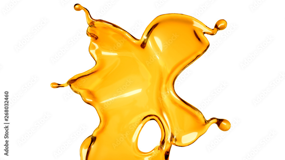 Splash of a transparent orange liquid on a white background. 3d illustration, 3d rendering. Splash of a transparent orange liquid on a white background. 3d illustration, 3d rendering.