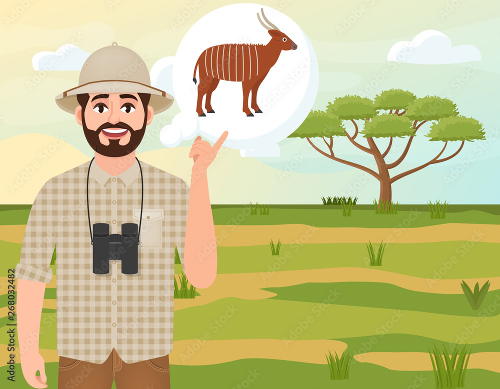 Happy man in cork hat, animal hunter thinks about bongo antelope, landscape safari, acacia umbrella, african countryside, vector illustration