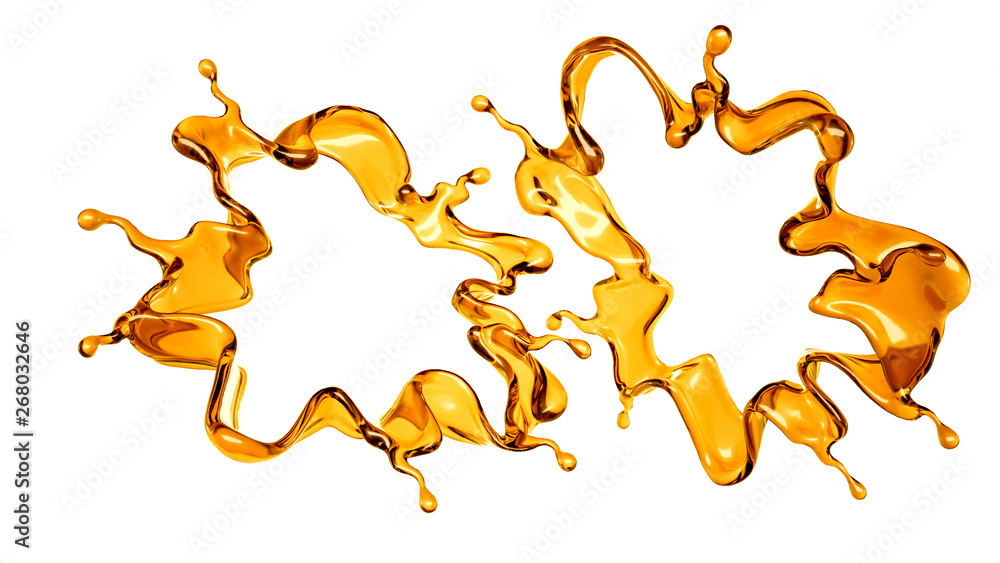 Splash of a transparent orange liquid on a white background. 3d illustration, 3d rendering. Splash of a transparent orange liquid on a white background. 3d illustration, 3d rendering.