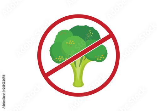 Broccoli ban vector. Stop broccoli vector. Disgusting broccoli graphic illustration. Broccoli isolated on a white background. No Diet vector
