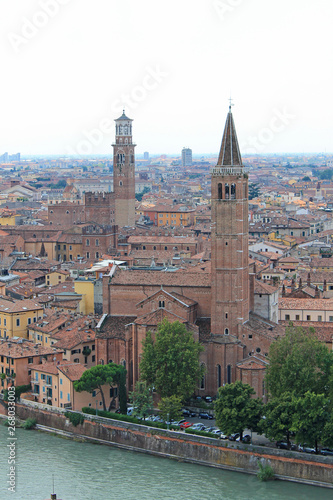 Panorama of Verona Italy with a view of the red roofs of the old town and the tower