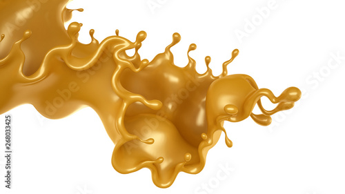 Golden splash of caramel on a white background. 3d illustration, 3d rendering.