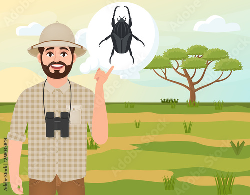 Happy man in cork hat, animal hunter thinks about Goliath beetle, landscape safari, acacia umbrella, African countryside, vector illustration