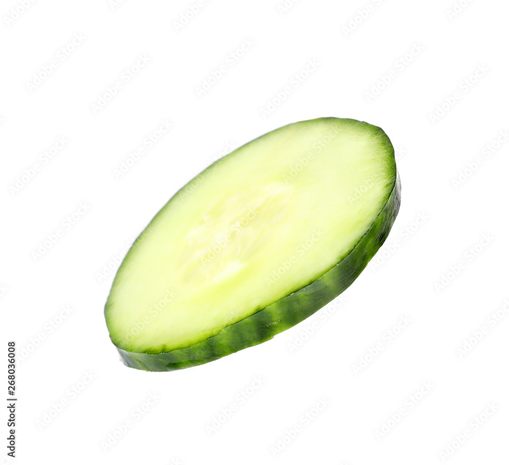 Cut fresh green cucumber on white background