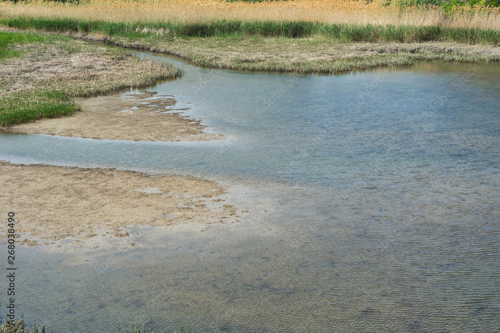 Catastrophic situation. Low water on the river. Damage to the riverbed.