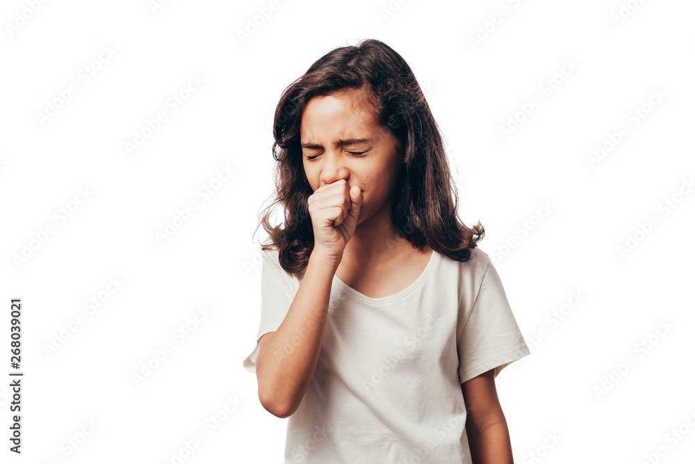 Cute little girl is coughing, on white background Cute little girl is coughing, on white background