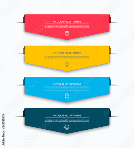 Infographic layout template with 4 arrows, labels, tags. Origami style. Can be used for diagram, options, chart, report, web design