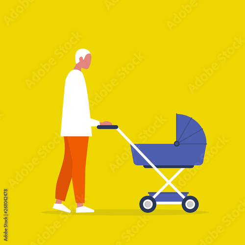 Baby carriage. Pram. Young male character walking with a stroller. Modern parenthood. Flat editable vector illustration, clip art