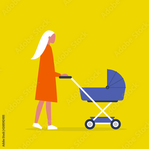 Baby carriage. Pram. Young female character walking with a stroller. Modern parenthood. Flat editable vector illustration, clip art