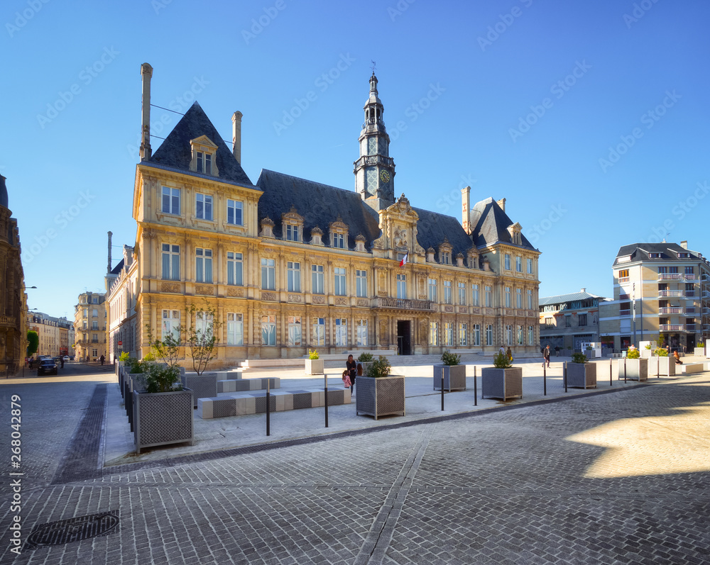 Renewed Simone-Veil square in front of city hall building in Reims, France